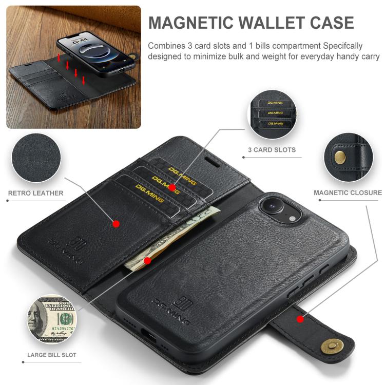 For iPhone 17e / 16e DG.MING Crazy Horse Texture Detachable Magnetic Leather Phone Case(Black)