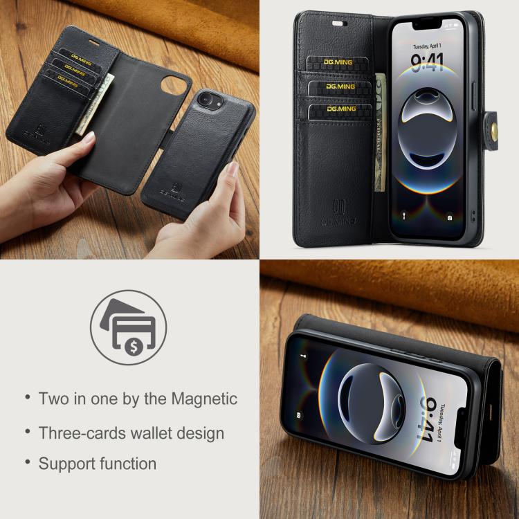 For iPhone 17e / 16e DG.MING Crazy Horse Texture Detachable Magnetic Leather Phone Case(Black)