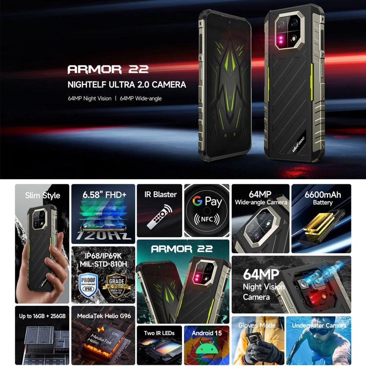 [Entrepôt HK] Ulefone Armor 22, 8 Go+256 Go, Téléphone Robuste IP68/IP69K, 6,58 pouces Android 15 MediaTek Helio G96 Octa Core, Réseau: 4G, NFC, OTG (Tout Noir)