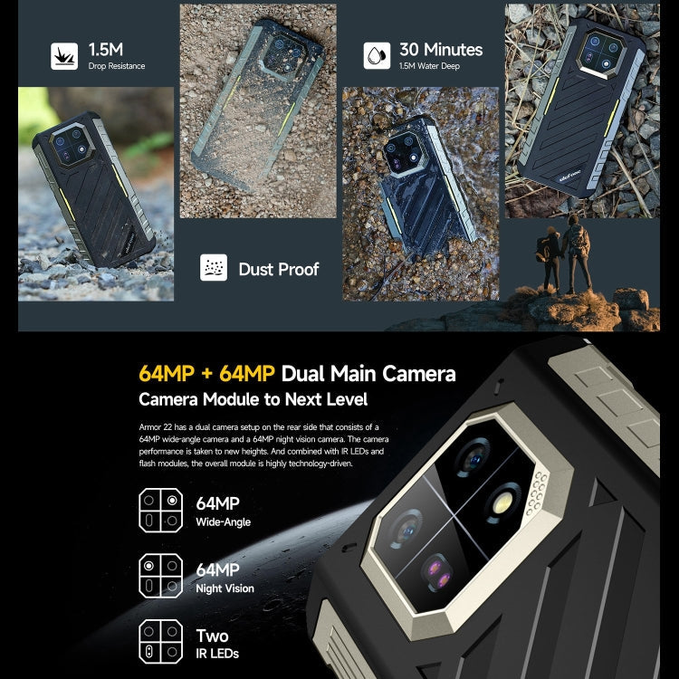 [Entrepôt HK] Ulefone Armor 22, 8 Go+256 Go, Téléphone Robuste IP68/IP69K, 6,58 pouces Android 15 MediaTek Helio G96 Octa Core, Réseau: 4G, NFC, OTG (Tout Noir)