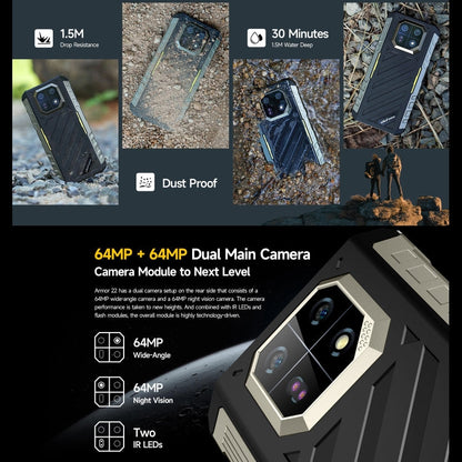 [HK Warehouse] Ulefone Armor 22, 8GB+128GB, IP68/IP69K Rugged Phone, 6.58 inch Android 15 MediaTek Helio G96 Octa Core, Network: 4G, NFC, OTG(All Black)