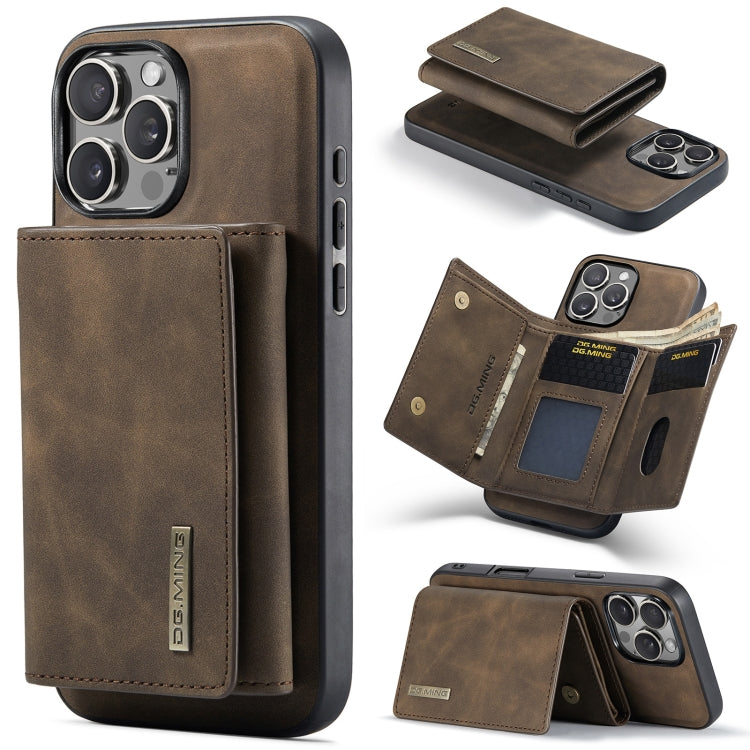 Pour iPhone 16 Pro DG.MING Série M1 Étui portefeuille en cuir à rabat 3 volets (Café)