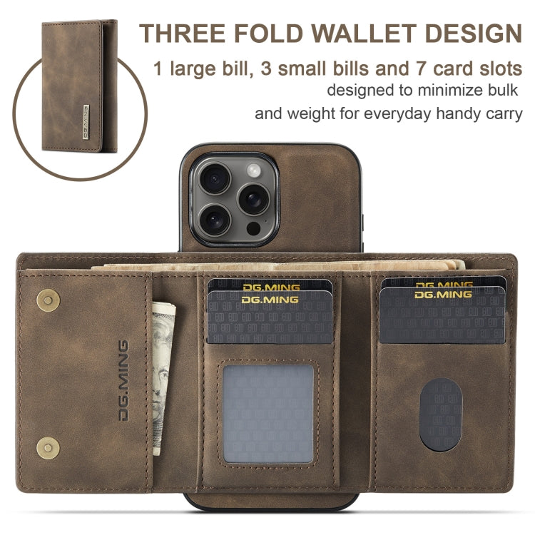 Pour iPhone 16 Pro DG.MING Série M1 Étui portefeuille en cuir à rabat 3 volets (Café)