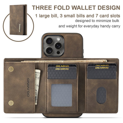 Pour iPhone 16 Pro DG.MING Série M1 Étui portefeuille en cuir à rabat 3 volets (Café)