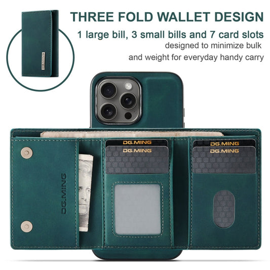 Pour iPhone 16 Pro DG.MING Série M1 Étui portefeuille en cuir pour téléphone, à trois volets et multi-cartes (vert)