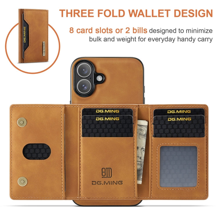 Pour iPhone 16 Plus DG.MING M2 Series Étui portefeuille en cuir avec 3 porte-cartes (marron)