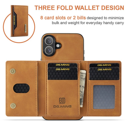 Pour iPhone 16 Plus DG.MING M2 Series Étui portefeuille en cuir avec 3 porte-cartes (marron)