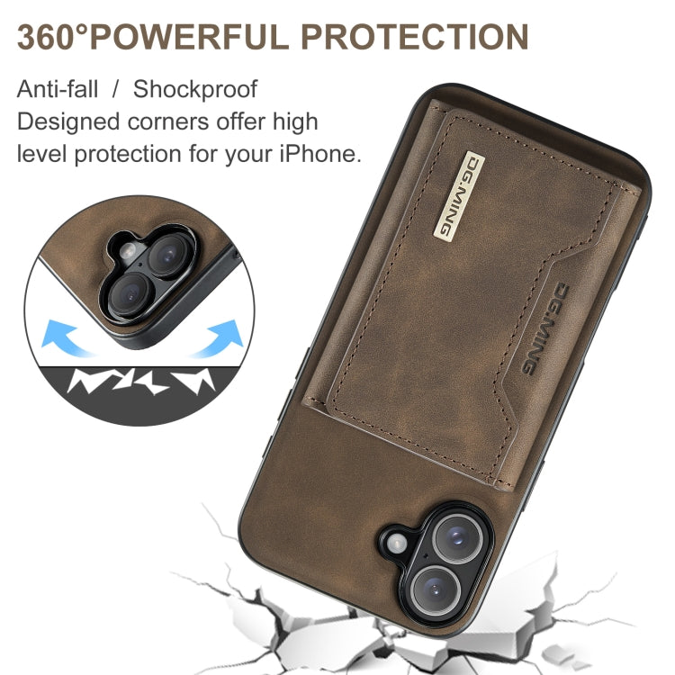 For iPhone 16 DG.MING M2 Series 3-Fold Card Bag Wallet Leather Phone Case(Coffee)