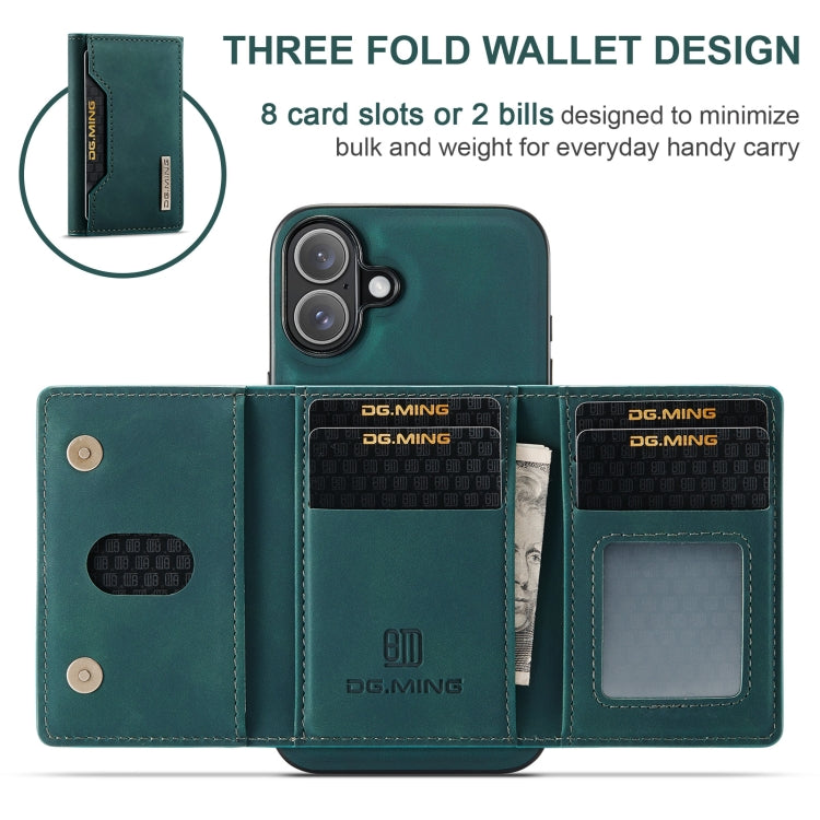 Pour iPhone 16 DG.MING Série M2 Étui de téléphone en cuir avec porte-cartes à triple pli (vert)