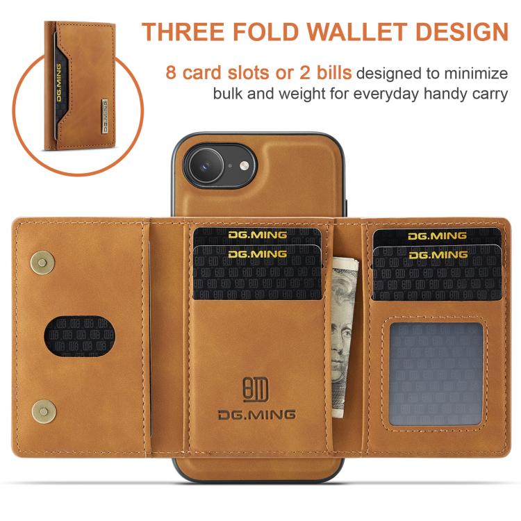 For iPhone 17e / 16e DG.MING M2 Series 3-Fold Card Bag Wallet Leather Phone Case(Brown)
