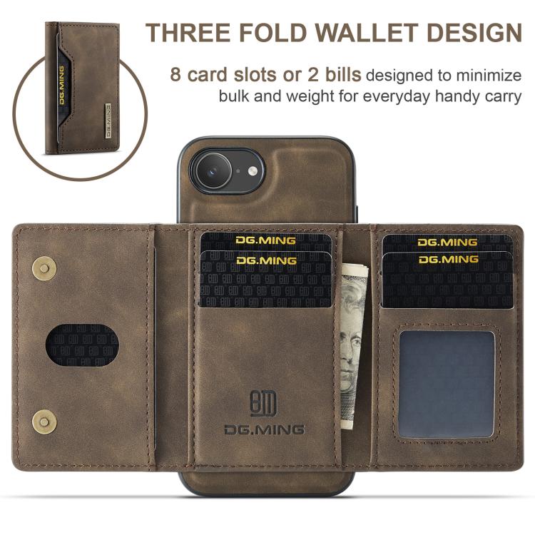 For iPhone 17e / 16e DG.MING M2 Series 3-Fold Card Bag Wallet Leather Phone Case(Coffee)