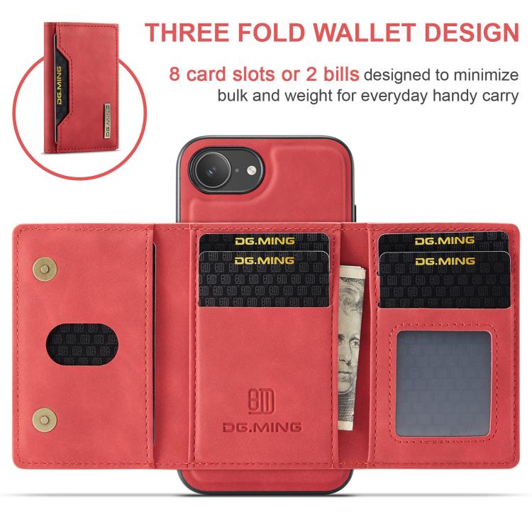 For iPhone 17e / 16e DG.MING M2 Series 3-Fold Card Bag Wallet Leather Phone Case(Red)