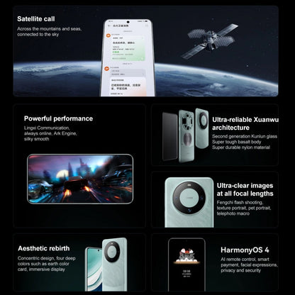 HUAWEI Mate 60, 12 Go+512 Go, Identification d'empreintes digitales sur écran, 6,69 pouces HarmonyOS 4.0 Kirin 9000S Octa Core jusqu'à 2,62 GHz, NFC, OTG, Ne prend pas en charge Google Play (Cyan)