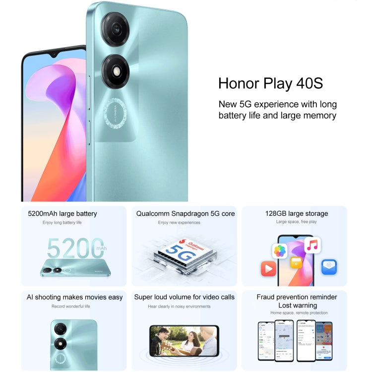 Honor Play 40S 5G, 4 Go+128 Go, écran 6,56 pouces MagicOS 7.1 Snapdragon 480 Plus Octa Core jusqu'à 2,2 GHz, Réseau: 5G, Ne prend pas en charge Google Play (Vert Jade Encre)