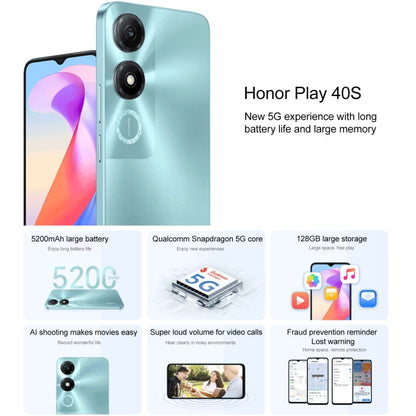 Honor Play 40S 5G, 4 Go+128 Go, écran 6,56 pouces MagicOS 7.1 Snapdragon 480 Plus Octa Core jusqu'à 2,2 GHz, Réseau: 5G, Ne prend pas en charge Google Play (Vert Jade Encre)