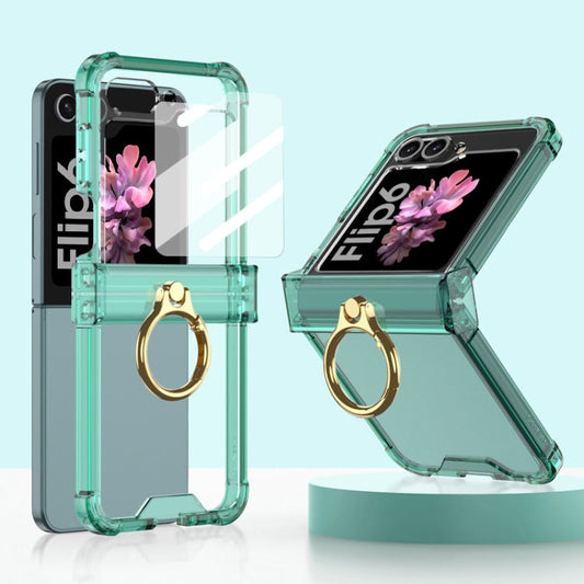 For Samsung Galaxy Z Flip6 / Flip7 FE Gkk Airbag Hinge Silicone Phone Case with Ring Holder & Tempered Film(Transparent Green)