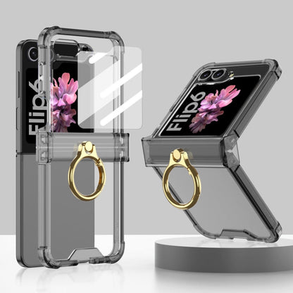 For Samsung Galaxy Z Flip6 / Flip7 FE Gkk Airbag Hinge Silicone Phone Case with Ring Holder & Tempered Film(Transparent Black)