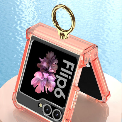 For Samsung Galaxy Z Flip6 / Flip7 FE Gkk Airbag Hinge Silicone Phone Case with Ring Holder & Tempered Film(Transparent Black)