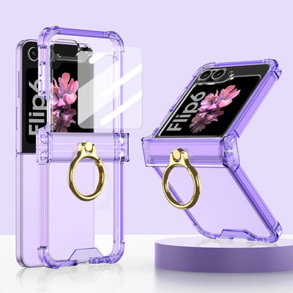 For Samsung Galaxy Z Flip6 / Flip7 FE Gkk Airbag Hinge Silicone Phone Case with Ring Holder & Tempered Film(Transparent Purple)