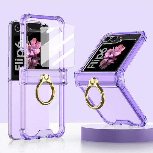 For Samsung Galaxy Z Flip6 / Flip7 FE Gkk Airbag Hinge Silicone Phone Case with Ring Holder & Tempered Film(Transparent Purple)