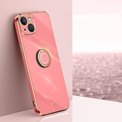 For iPhone 15 Plus XINLI Straight Edge 6D Electroplate TPU Phone Case with Ring Holder(Hawthorn Red)