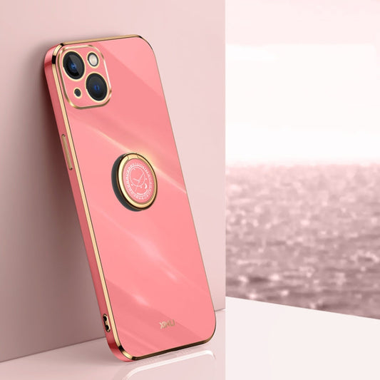 For iPhone 15 Plus XINLI Straight Edge 6D Electroplate TPU Phone Case with Ring Holder(Hawthorn Red)