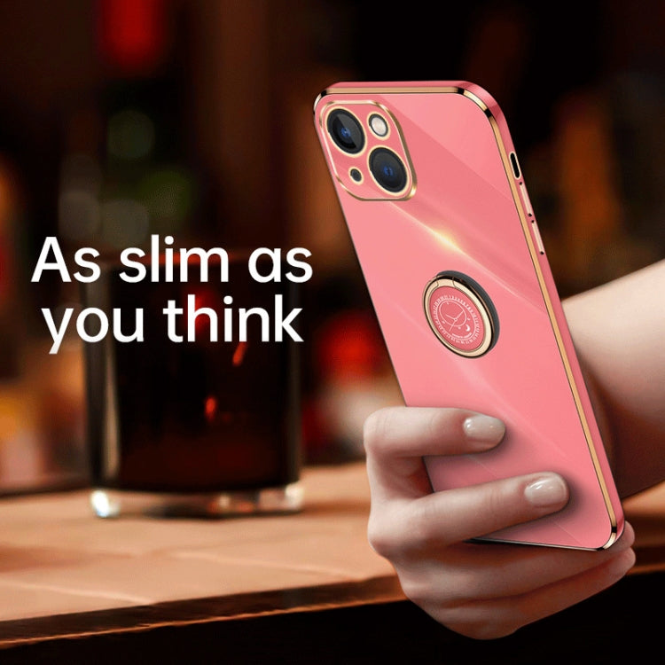 For iPhone 15 Plus XINLI Straight Edge 6D Electroplate TPU Phone Case with Ring Holder(Hawthorn Red)