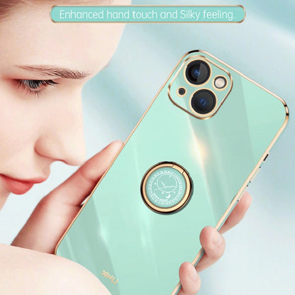 For iPhone 15 Plus XINLI Straight Edge 6D Electroplate TPU Phone Case with Ring Holder(Hawthorn Red)