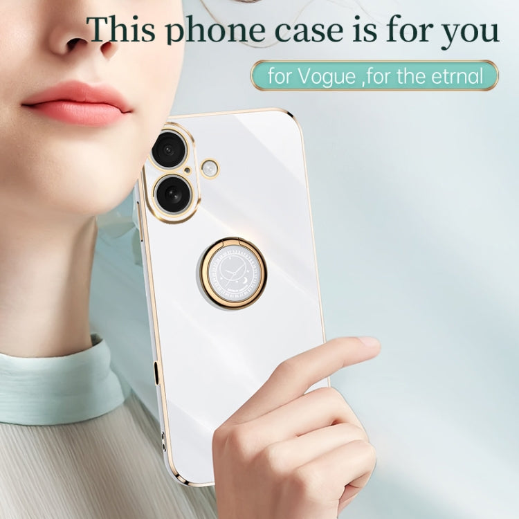 For iPhone 16 Plus XINLI Straight Edge 6D Electroplate TPU Phone Case with Ring Holder(White)
