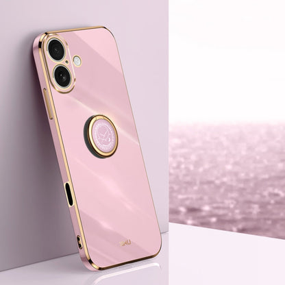 Pour iPhone 16 XINLI Coque de téléphone en TPU à bords droits 6D galvanisés avec anneau de support (violet cerise)