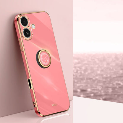 Pour iPhone 16 XINLI Housse de Téléphone en TPU à Bord Droit 6D Galvanisé avec Anneau (Rouge Aubépine)