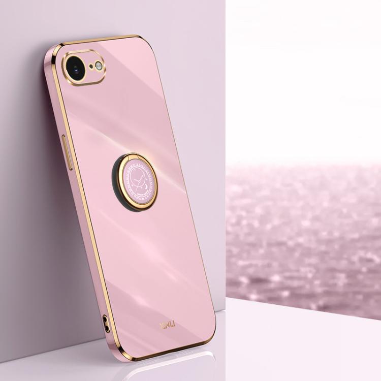 For iPhone 16e / 17e XINLI Straight Edge 6D Electroplate TPU Phone Case with Ring Holder(Cherry Purple)