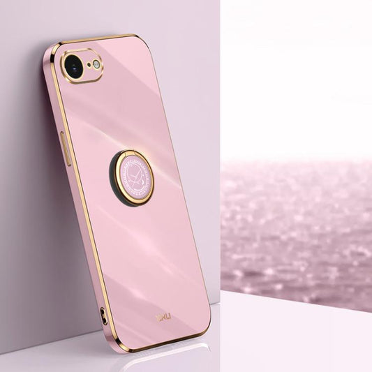 For iPhone 16e / 17e XINLI Straight Edge 6D Electroplate TPU Phone Case with Ring Holder(Cherry Purple)