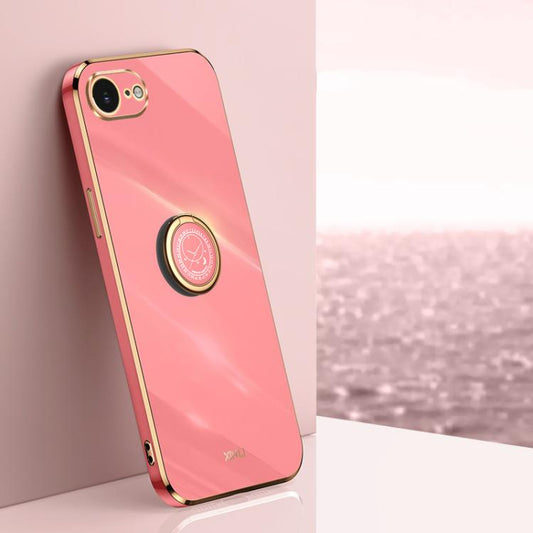 For iPhone 16e / 17e XINLI Straight Edge 6D Electroplate TPU Phone Case with Ring Holder(Hawthorn Red)