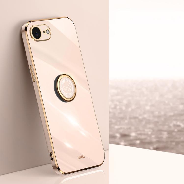 For iPhone 16e / 17e XINLI Straight Edge 6D Electroplate TPU Phone Case with Ring Holder(Pink)