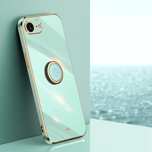 For iPhone 16e / 17e XINLI Straight Edge 6D Electroplate TPU Phone Case with Ring Holder(Mint Green)
