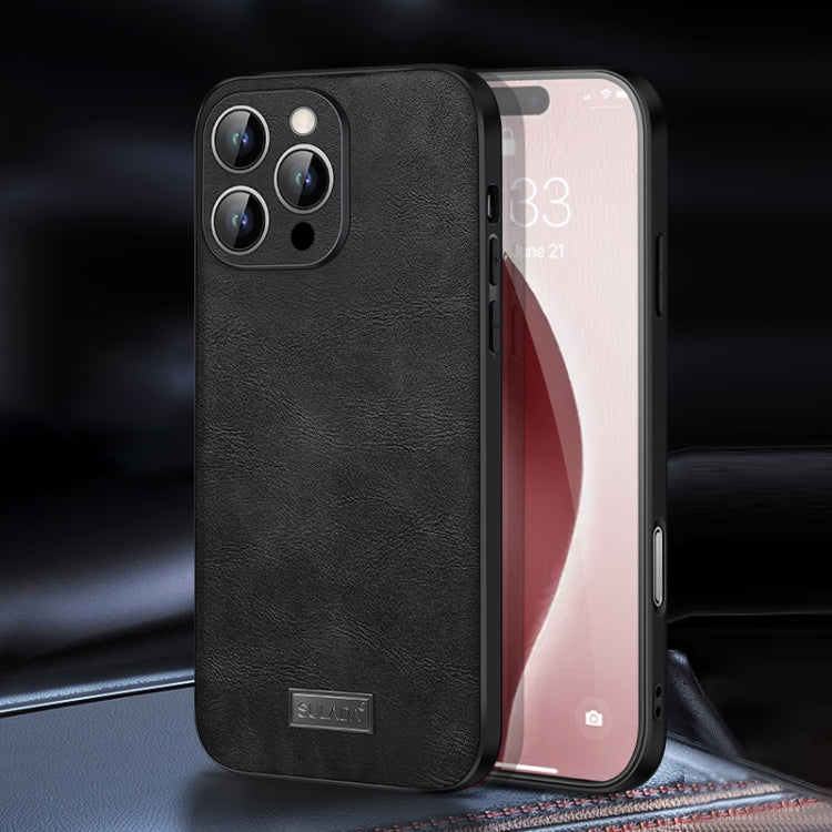 Pour iPhone 16 Pro, étui de téléphone en cuir fait main hybride antichoc TPU SULADA (noir)