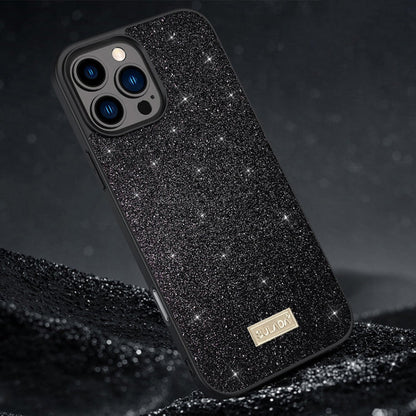 For iPhone 16 Pro SULADA Glittery PC Hybrid TPU Handmade Leather Phone Case(Black)