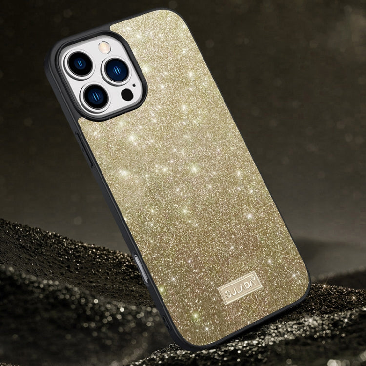 Pour iPhone 16 Pro SULADA Paillettes PC Hybride TPU Coque de téléphone en Cuir Faite à la Main (Doré)