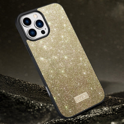 Pour iPhone 16 Pro SULADA Paillettes PC Hybride TPU Coque de téléphone en Cuir Faite à la Main (Doré)