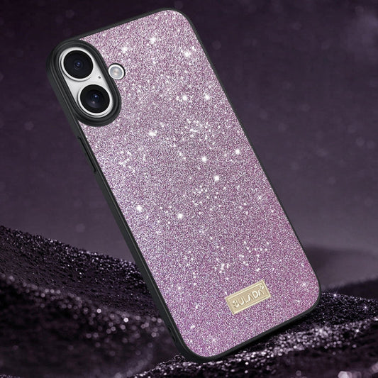 For iPhone 16 SULADA Glittery PC Hybrid TPU Handmade Leather Phone Case(Purple)