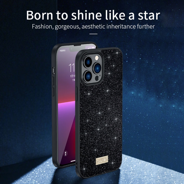 For iPhone 16 Pro SULADA Glittery PC Hybrid TPU Handmade Leather Phone Case(Black)