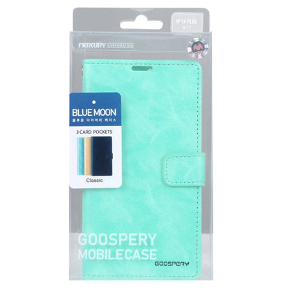 For iPhone 15 Plus GOOSPERY BLUE MOON Crazy Horse Texture Leather Phone Case(Mint Green)