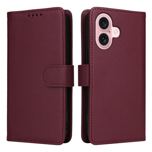 Pour iPhone 16 BETOPNICE BN-005 Étui de téléphone détachable 2 en 1 en similicuir véritable (Rouge vin)