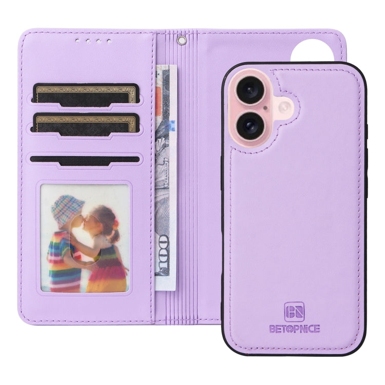 Pour iPhone 16 Plus BETOPNICE BN-005 Étui de téléphone détachable 2 en 1 en simili cuir véritable (violet clair)