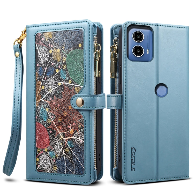 Pour Motorola Moto G34 ESEBLE Star Series, étui portefeuille en cuir avec fermeture éclair et anti-RFID (Bleu)