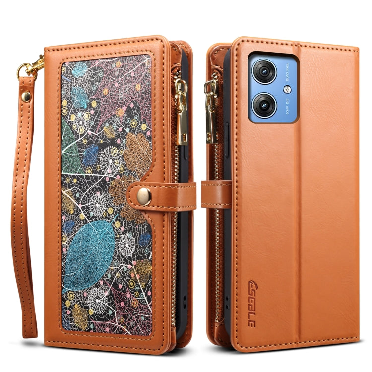 Pour Motorola Moto G54 5G Global ESEBLE Étui en cuir RFID avec portefeuille zippé et lanière Star Series (marron)