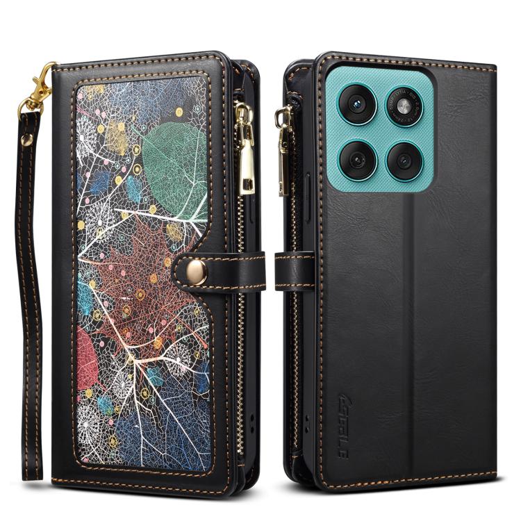 Pour Motorola Moto G86 Power ESEBLE Star Series Étui en cuir avec dragonne, fermeture éclair et portefeuille RFID (noir)