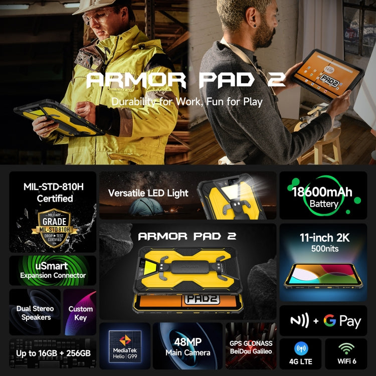 [HK Warehouse] Ulefone Armor Pad 2 Rugged Tablet PC, 16GB+256GB 11 inch Android 13 MediaTek Helio G99 Octa Core 4G Network EU Plug(Yellow)