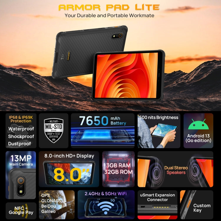 [HK Warehouse] Ulefone Armor Pad Lite Rugged Tablet PC, 3GB+32GB, 8.0 inch Android 13 MediaTek MT8766 Quad Core(Black)